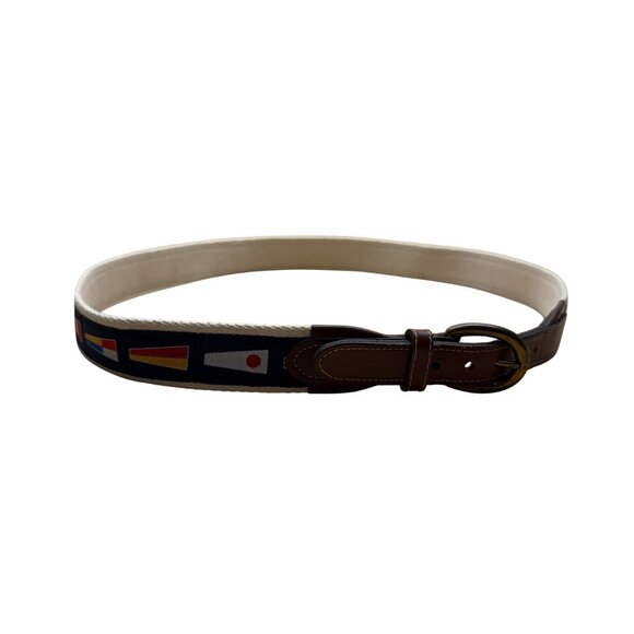 Leather Nautical Belt With Canvas & Brass Buckle Flag Design Pattern - Picture 1 of 8